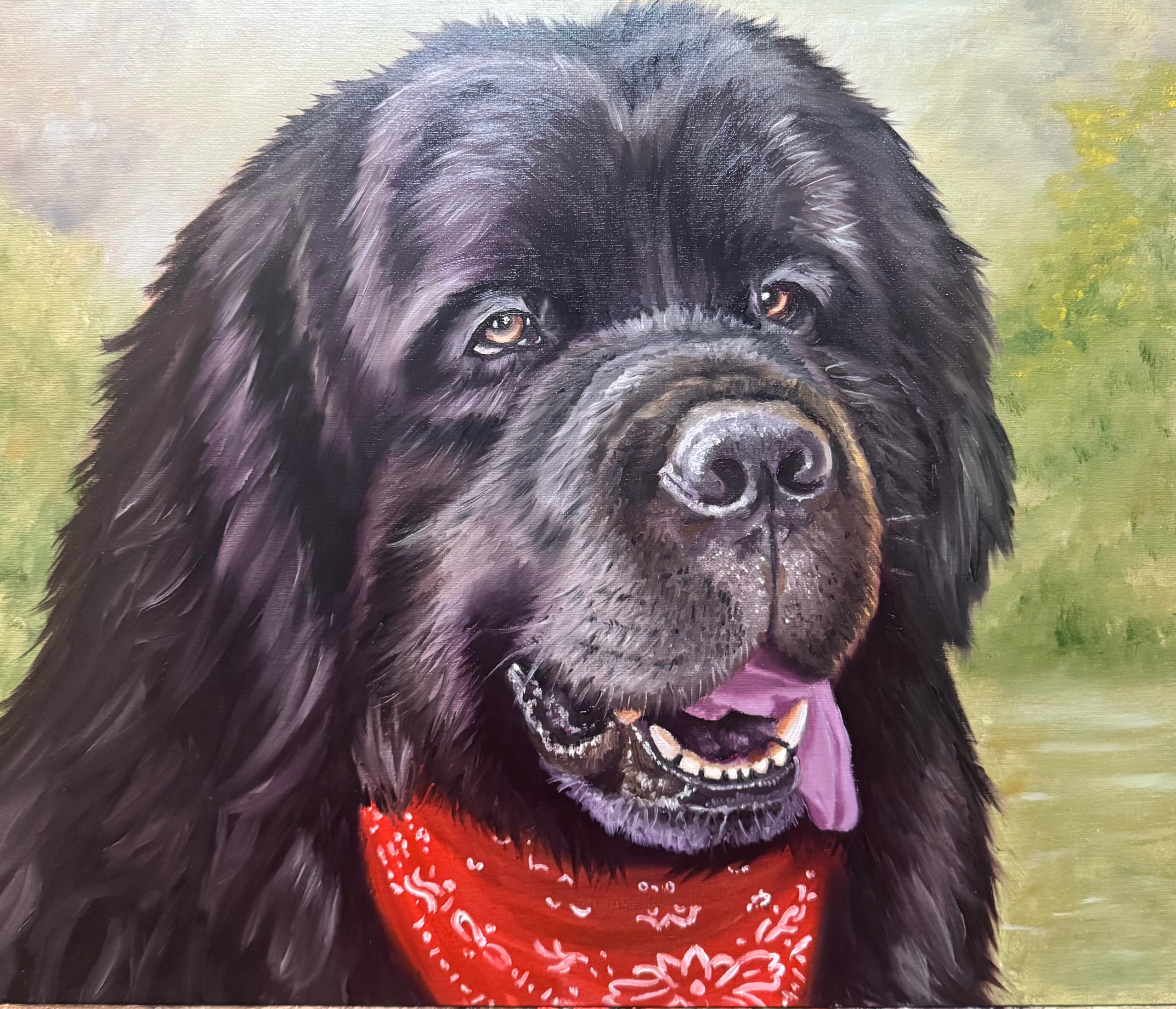 Hand-painted portrait of a black dog wearing a red bandana
